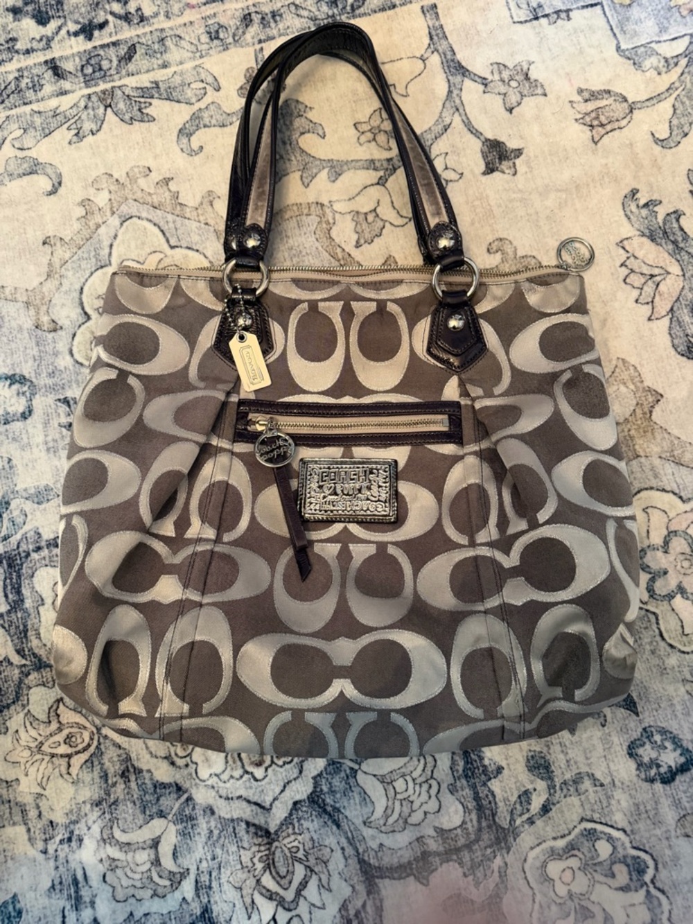 Coach Poppy Taupe and Dark Brown Signature Tote with Navy handles